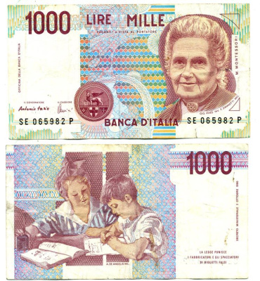 Италия 1000 лир 1990 Мария Монтессори Pick 114c 6279-10-3-2