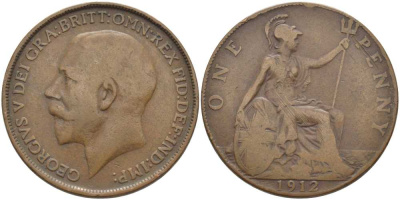 Великобритания 1 пенни 1912 Георг V (1910-1936) KM 810, Spink 4051 бронза 3460-723