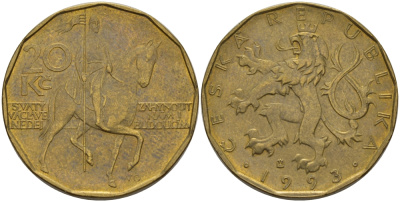 Чехия 20 крон 1993 чешский лев, герцог Вацлав на коне KM 5 сталь плакированная латунью 67-854