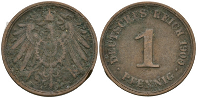 Германия 1 пфенниг 1900 A, Вильгельм II (1888-1918) KM 10, J. 10 медь 3955-1137
