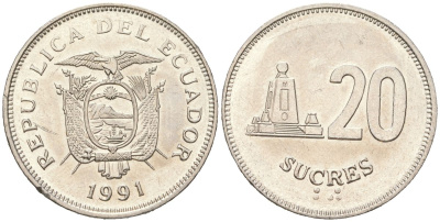 Эквадор 20 сукре 1991 KM 94 сталь плакированная никелем aUNC 4364-835
