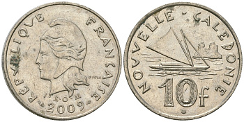Французская Новая Каледония 10 франков 2009 рыбачья парусная лодка, (IEOM) KM 11a, Schoen 13a, Lec 99k медно-никель 61-1123