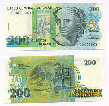 Бразилия 200 крузейро 1990 ПОДПИСЬ 28, СЕРИЯ 0001*, ЗАМЕЩЕННАЯ СЕРИЯ Pick 229 бумага UNC (пресс) 7548-14-2-1