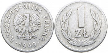 ПОЛЬША 1 ЗЛОТЫЙ 1949 KM 45а алюминий 110-1015
