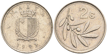 Мальта 2 цента 1993 оливковая ветвь KM 94 медно-никель 188-461