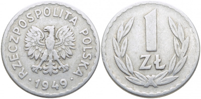 ПОЛЬША 1 ЗЛОТЫЙ 1949 KM 45а алюминий 110-1015