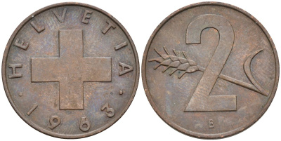 Швейцария 2 раппена 1963 В KM 47 бронза 4586-932