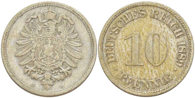ГЕРМАНИЯ 10 ПФЕННИГОВ 1889 G, СТАРОГЕРБОВКА KM 4, J. 4, Weege 7 медно-никель 261-1235
