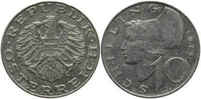 АВСТРИЯ 10 ШИЛЛИНГОВ 1974 KM 2918 никель плакированный медно-никелем 33-721