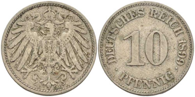ГЕРМАНИЯ 10 ПФЕННИГОВ 1899 E KM 12, J. 13 медно-никель 4401-1057