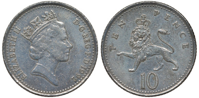 Великобритания 10 пенсов 1992 Елизавета II (1952-2022) KM 938b, Spink 4367 (F4) медно-никель 4122-634