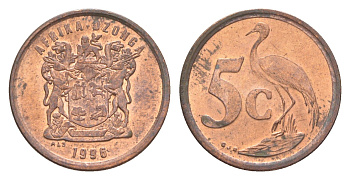 ЮАР 5 центов 1996 герб, райский журавль KM 160 сталь плакированная медью UNC 4621-559