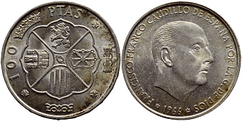 Испания 100 песет 1966 (66) Франсиско Франко (1939-1975) KM 797 серебро UNC 633-714
