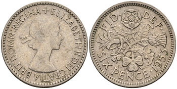 Великобритания 6 пенсов 1953 Елизавета II (1952-2022) KM 889, Spink 4141 медно-никель    4147-413