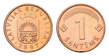 Латвия 1 сантим 1997 KM 15 сталь плакированная медью UNC 4689-825