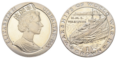 Гибралтар 1 крона 1993 Боевые корабли Второй мировой войны - HMS Warspite KM 117 медно-никель BU 1078-2-22