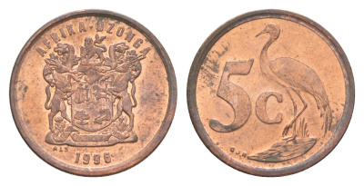 ЮАР 5 центов 1996 герб, райский журавль KM 160 сталь плакированная медью UNC 4621-559