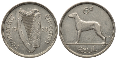 Ирландия 6 пенсов 1928 собака, ирландский волкодав KM 5 никель 4681-135