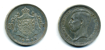 Бельгия 20 франков 1934 Альберт I (1909-1934), Der Belgen KM 104.1 серебро 86-1841