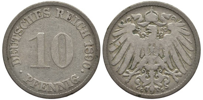 ГЕРМАНИЯ 10 ПФЕННИГОВ 1890 G KM 12, Jager 13, Weege 8 медно-никель 4529-1047