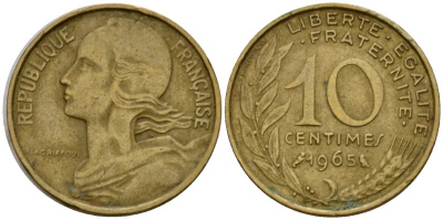 Франция 10 сантимов 1965 тип Marianne KM 929 алюминиевая бронза 92-714