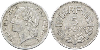 Франция 5 франков 1949 В, тип Лаврийе KM 888b.2, LE FRANC 339.19 алюминий 215-726