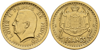 Монако 2 франка 1945 Луи II (1922-1949) KM 121 a алюминевая бронза 4595-224