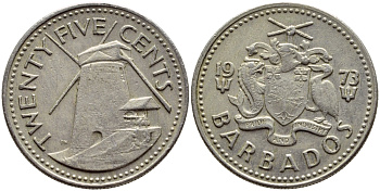 Барбадос 25 центов 1973 ветряная мельница Моргана Льюиса KM 13 медно-никель 4398-312