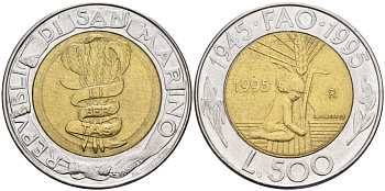 Сан-Марино 500 лир 1995 FAO, 50 лет организации KM 330 биметалл 86-733