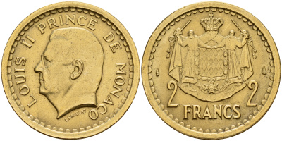 Монако 2 франка 1945 Луи II (1922-1949) KM 121 a алюминевая бронза 4595-224