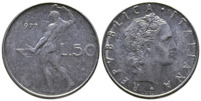 Италия 50 лир 1977 R, бог огня Вулкан у наковальни KM 95.1 сталь    4606-123