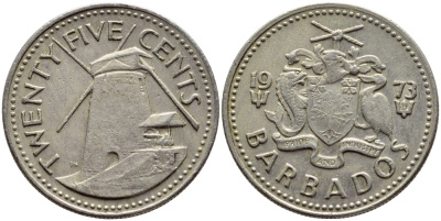 Барбадос 25 центов 1973 ветряная мельница Моргана Льюиса KM 13 медно-никель 4398-312
