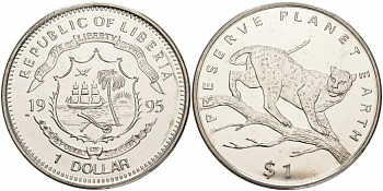 Либерия 1 доллар 1995 серия сохраним наш мир, леопард KM 133 медно-никель UNC M26-5