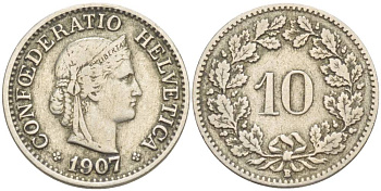 ШВЕЙЦАРИЯ 10 РАППЕНОВ 1907 В KM 27 медно-никель 4541-342