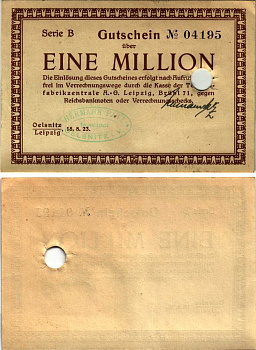 ЛЕЙПЦИГ 1000000 МАРОК 1923 НОТГЕЛЬД, 18 АВГУСТА 1923, СЕРИЯ B, НАДПЕЧАТКА HERMANN PATZ бумага 8608-15-3-1