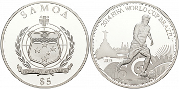 Самоа 5 тала 2013 FIFA, Чемпионат мира по футболу в Бразилии 2014 KM NEW серебро PROOF 11-116-35