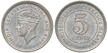 Британская Малайя 5 центов 1943 Георг VI (1937-1952) KM 3a серебро 53-156