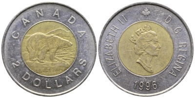 КАНАДА 2 ДОЛЛАРА 1996 ЕЛИЗАВЕТА II (1952-), ПОЛЯРНЫЙ МЕДВЕДЬ KM 270 биметалл 4364-1252