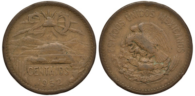 МЕКСИКА 20 СЕНТАВО 1952 ПИРАМИДА СОЛНЦА В ТЕОТИУАКАНЕ KM 439 бронза F 215-833