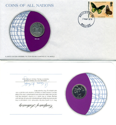 БЕЛИЗ 25 ЦЕНТОВ 1979 КОНВЕРТ С МАРКОЙ ПЕРВОГО ДНЯ ГАШЕНИЯ, COINS OF NATIONS KM 49 медно-никель BUNC 4294-25-3