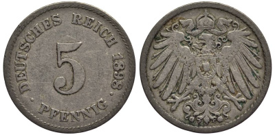 ГЕРМАНИЯ 5 ПФЕННИГОВ 1898 G KM 11, Jager 12, Weege 6 медно-никель 4547-362