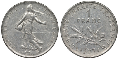 Франция 1 франк 1977 сеятель KM 925.1, Le Franc 226.22 никель 4128-434