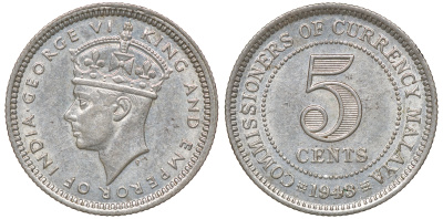Британская Малайя 5 центов 1943 Георг VI (1937-1952) KM 3a серебро 53-156