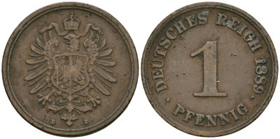 Германия 1 пфенниг 1889 D, Вильгельм I (1871-1888) KM 1, J. 1 медь 4387-1016