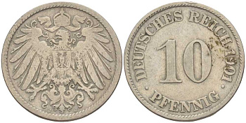 ГЕРМАНИЯ 10 ПФЕННИГОВ 1901 J KM 12, J. 13 медно-никель 4401-1227