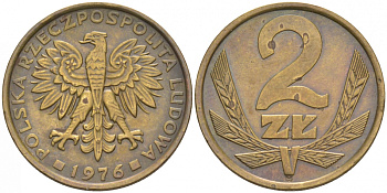 Польша 2 злотых 1976 Ленинградский монетный двор (ЛМД) KM 80.1, Parchimowicz 217b латунь 68-452