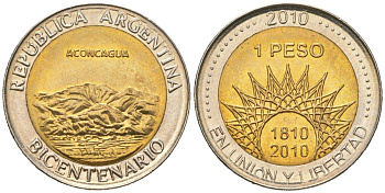 Аргентина 1 песо 2010 200 лет Аргентине - вулкан Аконкагуа KM 157 биметалл UNC 4620-635