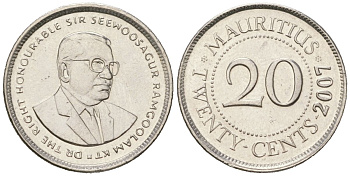 Маврикий 20 центов 2007 KM 53 сталь плакированная никелем UNC 4523-643