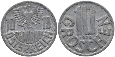 АВСТРИЯ 10 ГРОШЕЙ 1970 KM 2878 алюминий 33-333