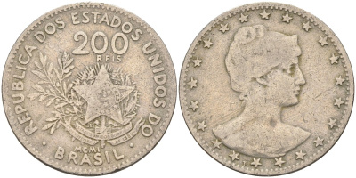 Бразилия 200 рейс 1901 голова свободы вправо KM 504 медно-никель 4589-1054